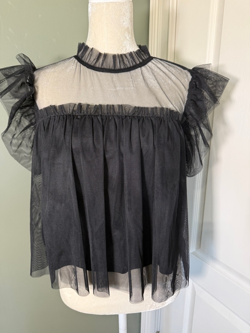 Rachel Zoe Sheer Black Tulle Blouse Ruffle Sleeve Romantic Top Size S
